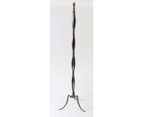 Art Deco brass standard lamp, with Royal blue and gilded sectional column and raised on three outswept legs, 149.5cm tall