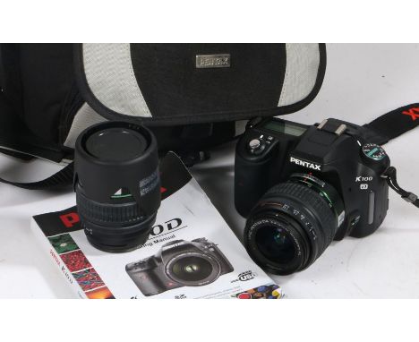 Pentax K10D digital SLR camera, with instruction manual, additional 18-55mm lens and Pentax camera bag