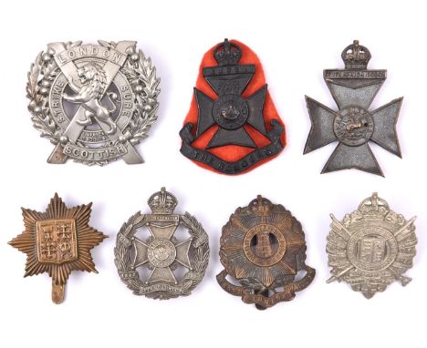 7 London Regiment cap badges: post 1920 5th (London Rifle Bde), 8th (Post Office Rifles), 9th (Queen Victoria's), 10th (Hackn