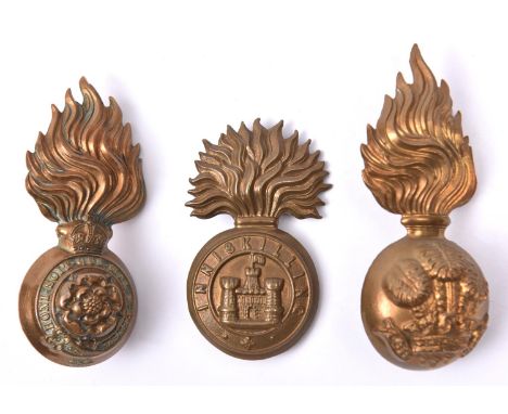 2 ORs' fur cap grenades: post 1902 Royal Fusiliers, and Ryl Welsh Fusiliers, and a glengarry grenade of the Inniskilling Fusi