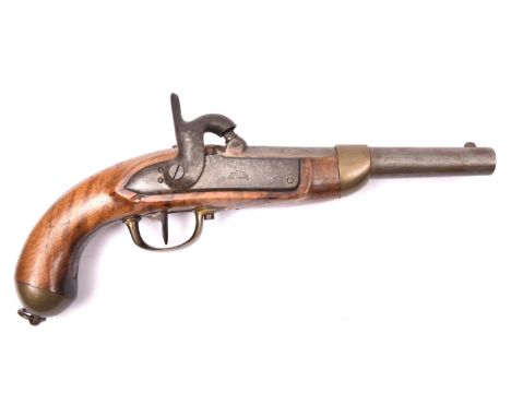 A Belgian made 14 bore Swiss Model 1842 percussion cavalry pistol, 14½" overall, barrel 8¼", the  breech struck with shield m