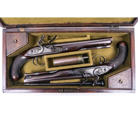 A pair of 20 bore flintlock duelling pistols by Brunn, c 1800, 14½" overall, sighted octagonal barrels 9", with London proofs