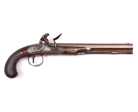 A 20 bore flintlock duelling pistol by B. Homer, c 1810, 16" overall, rebrowned sighted octagonal twist barrel 11" with gold 
