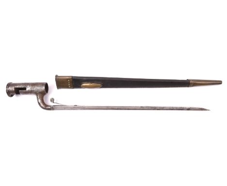 An 1840 pattern Constabulary bayonet, triangular section blade 13" with ordnance inspector's marks and spring catch, in its b