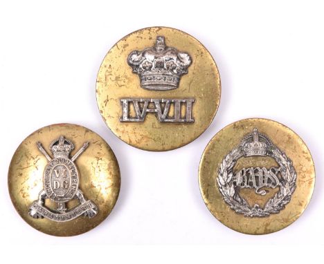Three post 1902 cavalry ear bosses:  Bays, VI Dragoon Guards, and 4/7th Dragoon Guards. GC £40-60 