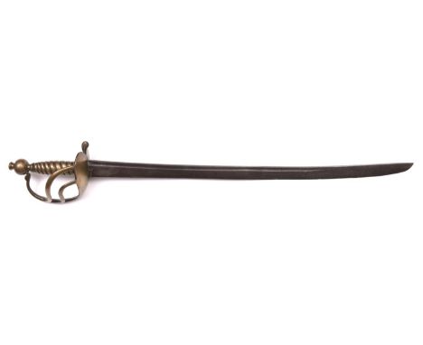 A mid 18th century infantry sidearm of the Glamorgan Militia, slightly curved blade 24" with ordnance inspector's mark, all b