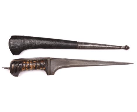 A good Indian or Persian dagger Pesh Kabz, blade 9", the hilt with ribbed grips of nicely marked horn, in its leather covered