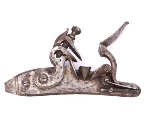 A fine quality detached flintlock lock for a sporting gun, c 1820, "in the white", plate 4¾" overall, with French style cock,