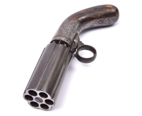 A 6 shot 70 bore Cooper's patent self cocking ring trigger under hammer percussion pepperbox revolver, 7½" overall, barrels 3