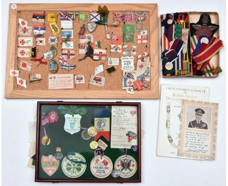 A quantity of WWI 'Flag Day' flags and collectors' badges, including a glazed mahogany display case, 9½" x 12½", containing f