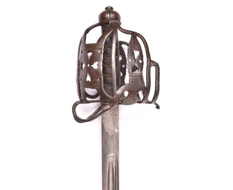 A mid 18th century Scottish basket hilted backsword, straight single edged blade 38" with full length broad and shorter narro