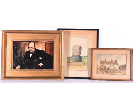 3x paintings. 2x watercolours; 'The Old Mill, Limpsfield' and 'Eastbourne Oct 1852'. Together with an acrylic portrait of Win