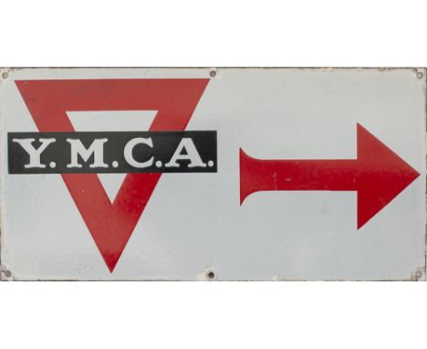 YMCA Advertising enamel sign YMCA with right facing arrow. In very good condition with minor chipping, measures 20.5in x 10in