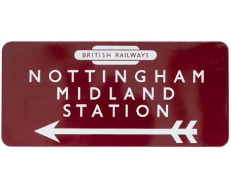 BR(M) FF enamel railway station direction sign NOTTINGHAM MIDLAND STATION with left facing arrow and British Railways totem. 