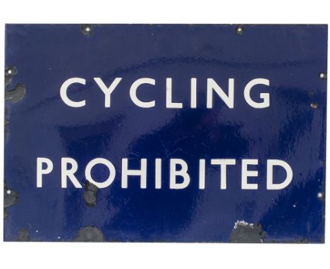 BR(E) Cycling Prohibited BR(E) enamel railway sign CYCLING PROHIBITED. In good condition with some face chips. Measures 22in 