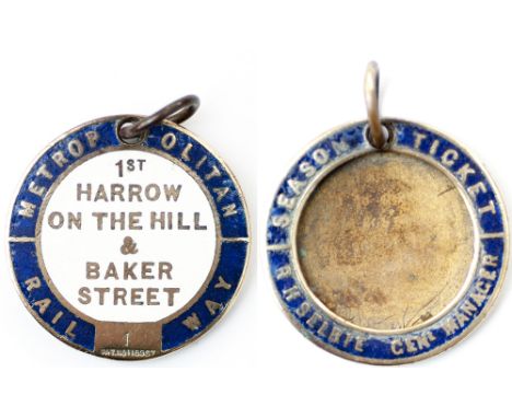 Metropolitan Railway brass and enamel SEASON TICKET for 1st Class travel between Harrow On The Hill and Baker Street. In good