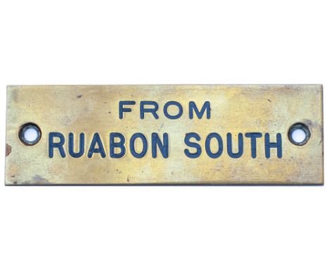 GWR From Ruabon South GWR machine engraved brass shelf plate FROM RUABON SOUTH. In very good condition with original wax infi