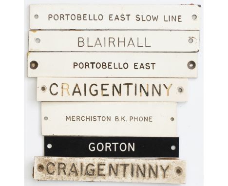 7 Scottish Traffolite A collection of 7 Scottish Traffolite signal box shelf plates; Blairhall, Craigentinny x2, Gorton, Merc