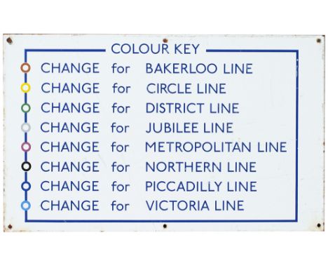 LT Line Colour Key London Transport Underground enamel sign showing the colour key for all eight lines. Measures 16.5in x 10i