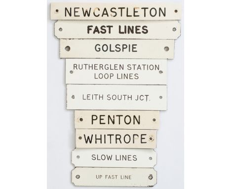 9 Scottish Traffolite A collection of 9 Scottish Traffolite signal box shelf plates; Penton, Golspie, Rutherglen, Station Loo