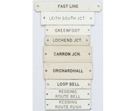 8 Scottish Traffolite A collection of 8 Scottish Traffolite signal box shelf plates; Orchard Hall, Redding Route Push, Loop B