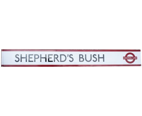 LT Sheperd's Bush London Underground enamel station frieze sign SHEPHERD'S BUSH with Central Line logo on the right hand side