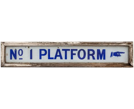GWR No1 Platform GWR platform enamel sign No1 PLATFORM with pointing hand. In original wooden frame, measures 57in x 11in. In
