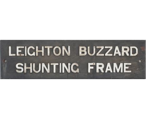 BR(M) signal box board LEIGHTON BUZZARD SHUNTING FRAME. Wood with cast iron letters, in original condition, measures 44.5in x