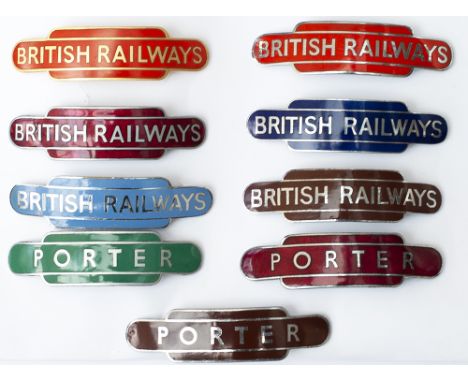 BR Totem badges x 9 A Collection of 9 BR Totem shaped cap badges to include;BRITISH RAILWAYS BR(NE) gilt, BR(NE) chrome, BR(E