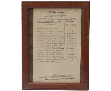 BR(S) Bell code Launceston-Padstow British Railways Southern Region signal box bell code notice dated 5th November 1959 for t