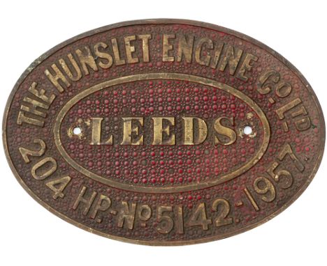 Hunslet 5142 1957 Worksplate THE HUNSLET ENGINE CO LTD LEEDS 204HP No 5142 1957. Ex std gauge 0-6-0DM supplied to John Summer