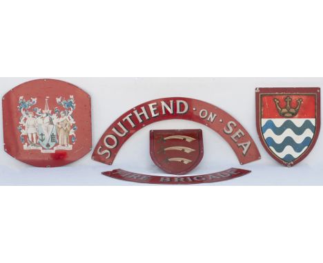 Southend-on-Sea Fire Brigade x5 Southend On Sea Fire Brigade signs; two curved Southend On Sea Fire Brigade, one Essex Coat O