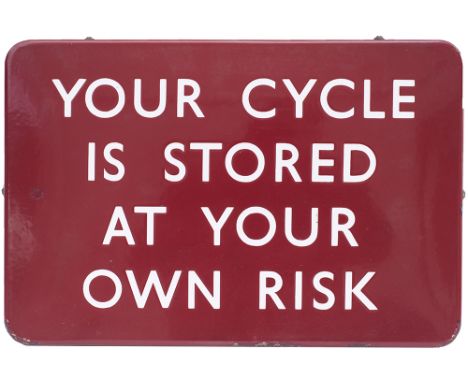 BR(M) FF enamel railway sign YOUR CYCLE IS STORED AT YOUR OWN RISK. Measures 18in x 12in and is in very good condition with a