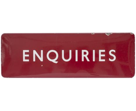 BR(M) FF Enquiries BR(M) FF enamel railway sign ENQUIRIES. In very good condition with a few minor chips. Measures 36in x 12i