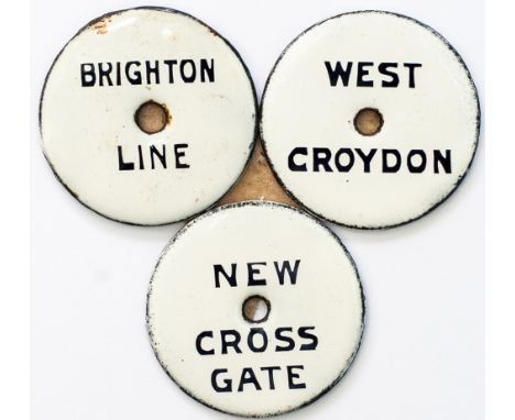 LBSCR Train Describer Plates x3 LB&amp;SCR circular enamel Train Describer Plates; BRIGHTON LINE, WEST CROYDON, NEW CROSS. Al
