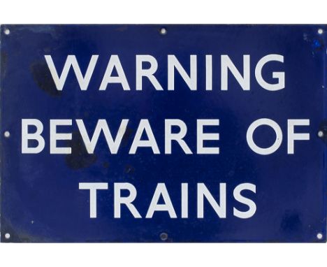 BR(E) Beware Of Trains BR(E) enamel railway sign WARNING BEWARE OF TRAINS. In good condition with some areas of restoration. 