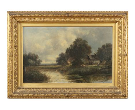 ENGLISH SCHOOL (19TH CENTURY) Figures in a river landscape Oil on canvas, 37 x 59cm  Signed 