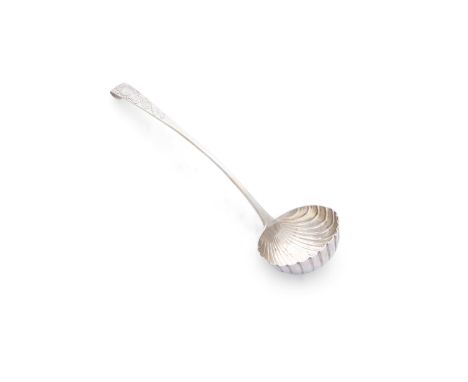 A GEORGE III IRISH SILVER SOUP LADLE, Dublin c.1770s, mark of John Craig, with scallop bowl and hook handle, (c.8 troy ozs). 