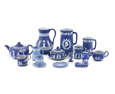 A LARGE COLLECTION OF 19th CENTURY WEDGEWOOD JASPERWARE,  comprising a large baluster shaped pitcher, ewers of various sizes,