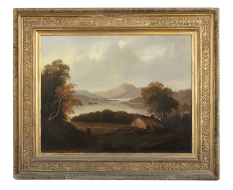 IRISH SCHOOL (EARLY 19TH CENTURY) Figures near a thatched cottage with sailing boats on a lake in the background  Oil on canv