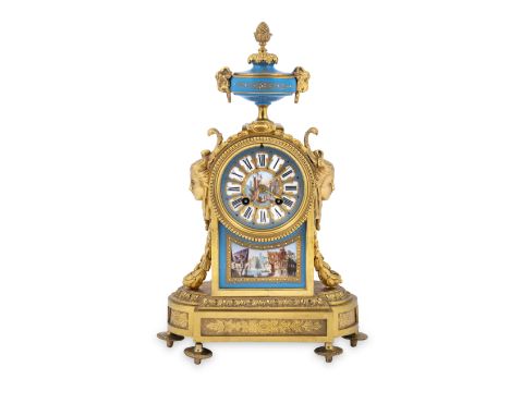 A 19TH CENTURY ORMOLU AND SÈVRES STYLE PORCELAIN MANTLE CLOCK, painted with vignettes of harbour views and shipping. 40cm hig