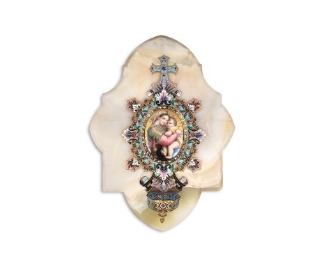 A FRENCH ONXY AND CHAMPLEVÉ ENAMEL HOLY WATER FONT, 19th century, of oval form, centred with a painted porcelain panel depict