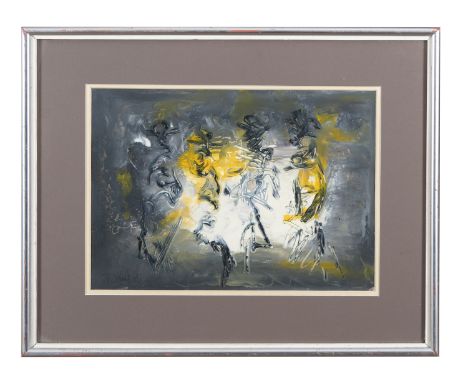 GERALD DAVIS (1938-2005) Four Figures Oil on card, 28.5 x 38cm Signed and dated (19)'86