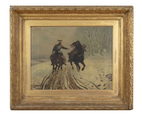 CONTINENTAL SCHOOL (19TH CENTURY) Two Army Officers on Horseback, under Fire Oil on canvas, 35 x 45cm Signed with monogram