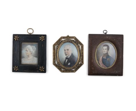 A COLLECTION OF THREE FRAMED MINIATURE PORTRAITS, including; French School (19th Century)  Portrait of a decorated military o