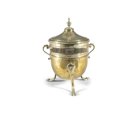 A NEOCLASSICAL STYLE CIRCULAR BRASS COAL BUCKET AND COVER, the cover with urn finial, the body with fretwork frieze, twin sid