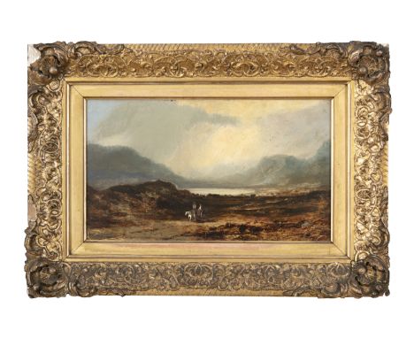 IRISH SCHOOL  Figures on horse and cart in a mountain landscape Oil on board, 17 x 29cm 