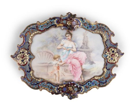 A FRENCH PAINTED PORCELAIN AND CHAMPLEVÉ ENAMEL STAND, 19th century, of shaped oval form, depicting a lady and infant in a cl