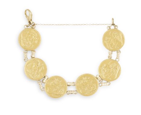 ***PLEASE NOTE ALL COINS ARE BRITISH SOVEREIGNS***A GOLD SIX FULL SOVEREIGN COIN LINK BRACELET, strung on a 9K fancy link cha