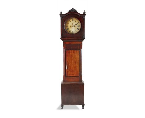A 19TH CENTURY LONGCASE CLOCK BY GRAHAM OF COOKSTOWN, the arched hood with turned finials and circular glazed door enclosing 